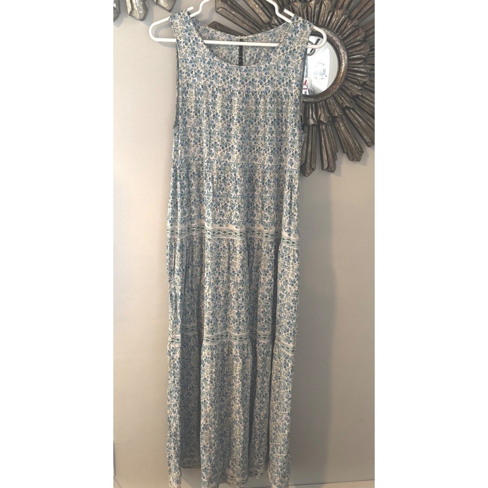 Blue Floral Tiered Rayon Maxi Spring Wedding Guest Dress Boho Medium